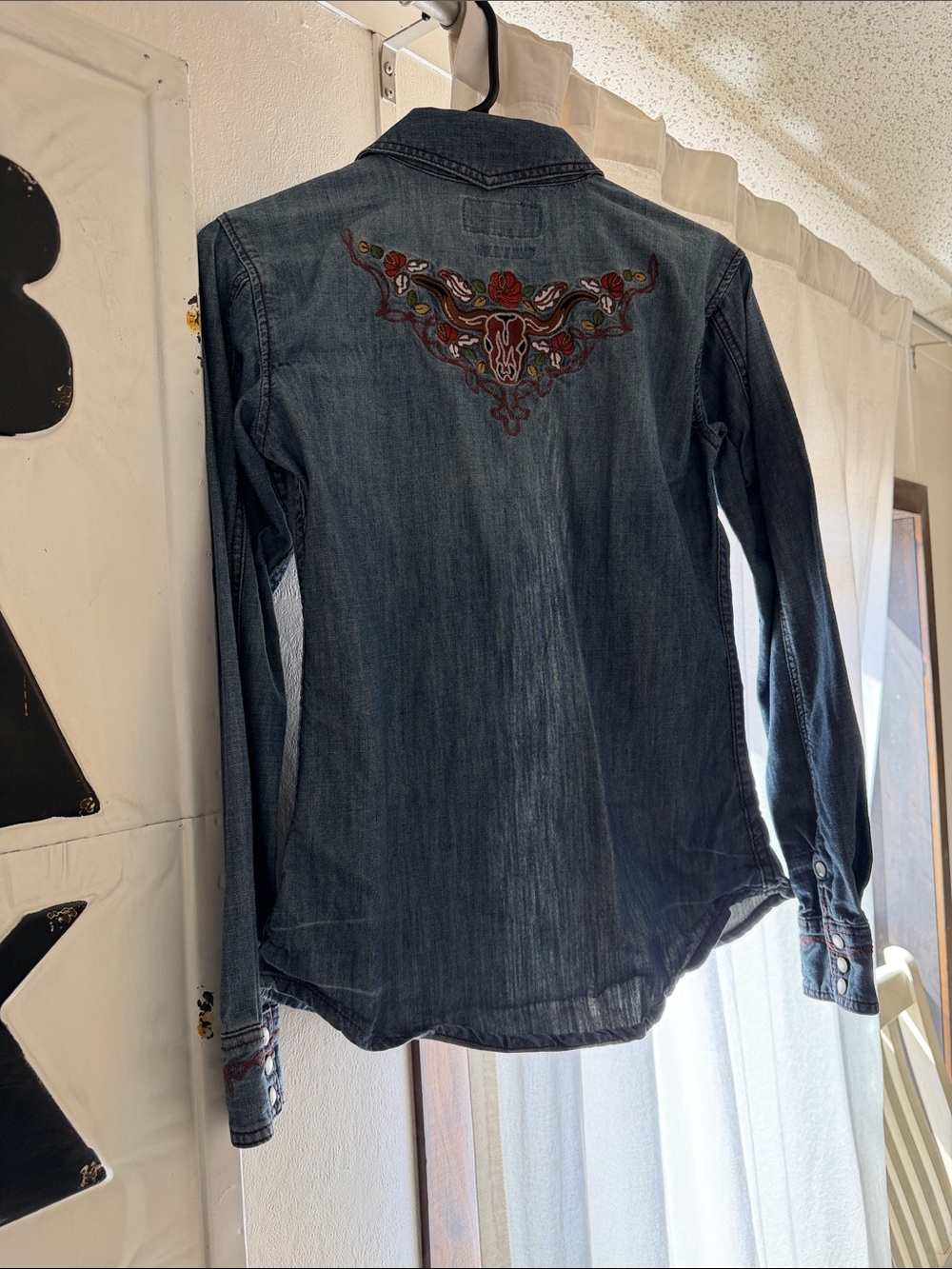 Panhandle Slim Blue Denim Western Button-Down with Embroidered Back